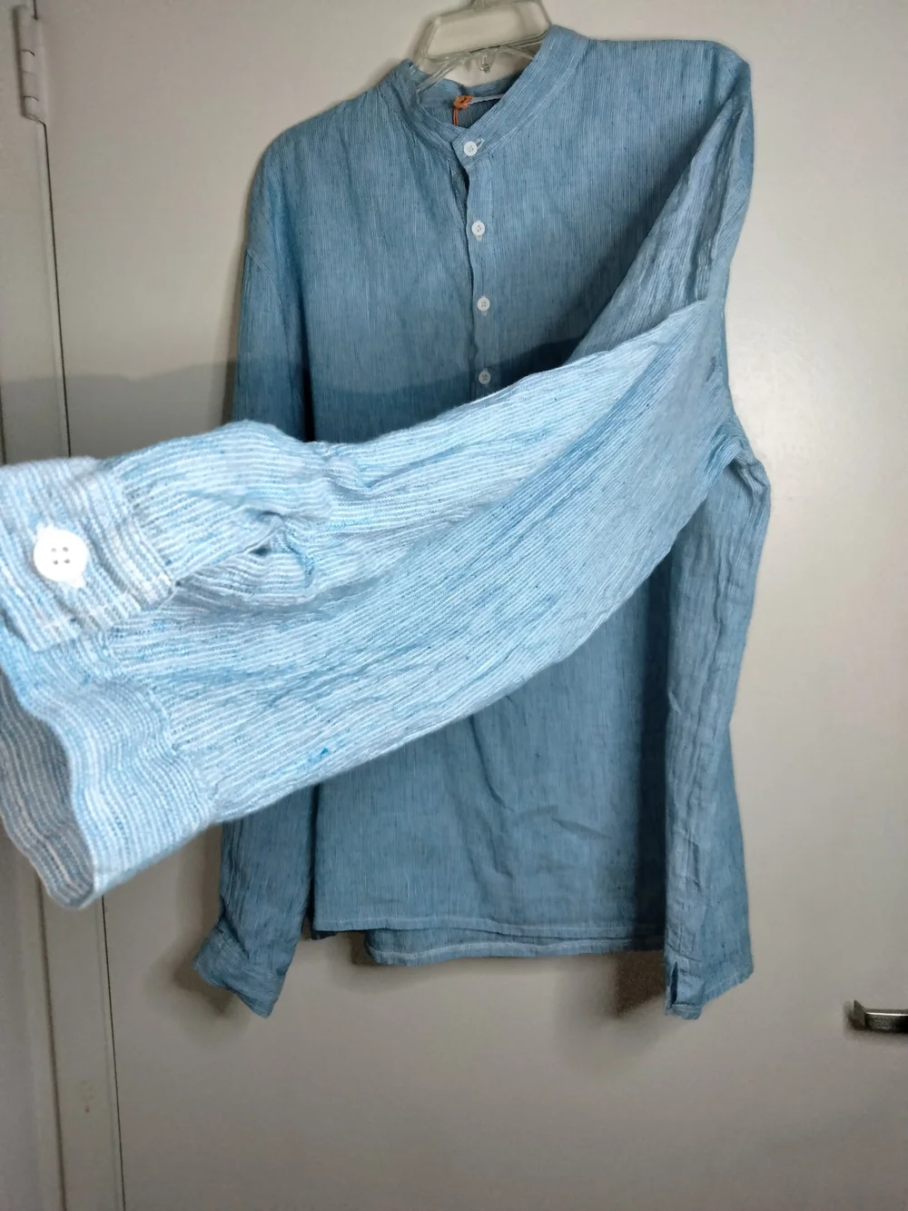 Moraitis Linen (Size XL) Men's Light Blue Linen Button Henley LS Popover Shirt